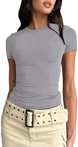 Safrisior Mulher Basic Solid Crop Top Tees Camisetas redondas pescoço de manga curta Formado FIXA TRANHEIR