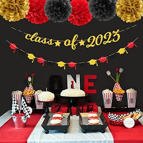 Red Black-Gold-Gold decorações Banner de graduação-Kits de 8pcs Classe de 2023 Cap Garland Freines, papel Pom Pom Pom Poms, parabéns