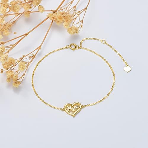 Pulseira Rikelus 14k Gold Mom Real Gold para o aniversário do dia das mães, Bracelete de coração da mãe ouro amarelo Amo You Mom Jewelry