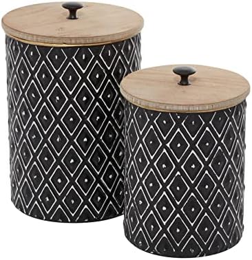 Deco 79 Jarros decorativos geométricos de metal com tampas de madeira, conjunto de 2 11 , 9 H, preto