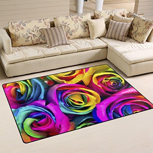 Tapete da área de Welllee, Rainbow Roses Roses Jungle Floor Tapete Não deslizamento para Living Dening Dorming Decor Decoração