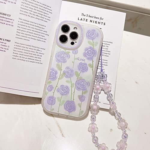 Nititop Compatível para iPhone 13 Pro Max Case para mulheres meninas, elegente capa floral roxa com corrente com adorável pulseira