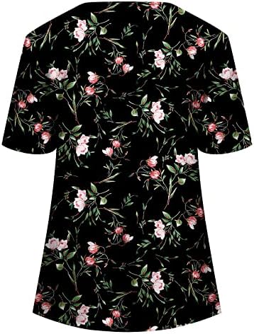 Tops estampados florais femininos de manga curta V camisa de túnica de pescoço plissado Blusa de blusa flowy top de verão casual