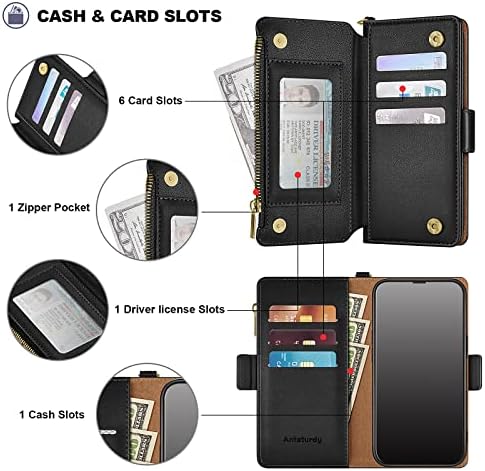 Antsturdy para iPhone 13 6.1 Caixa da carteira 【Bloqueio de RFID】 【Zipper Poket】 【7 Card Slot】 PU Flip Flip Folio Protetor