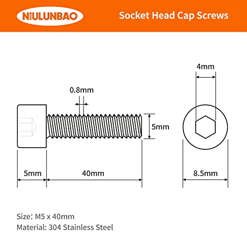 Niulunbao M5-0,8 x 40mm parafusos de tampa da cabeça da cabeça parafusos 304 Máquina métrica de aço inoxidável, acionamento hexadecimal