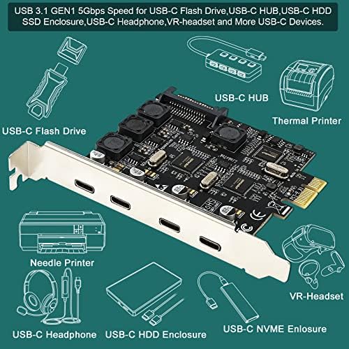 Linkstek 4-ports pcie USB 3.1 Gen 1 5 Gbps Card para PCs de mesa, portas USB-C 4X, tecnologia de distribuição de energia