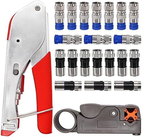Kit de ferramentas de crimper a cabo coaxial coaxial, stripper coaxial, crimper de cabo coaxial, com 20 pcs F.