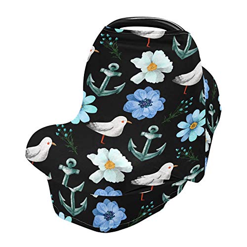 Yyzzh âncora náutica A âncora gaivota Blue Flor Floral Floral Capas de assento de carro de bebê com copas de enfermagem