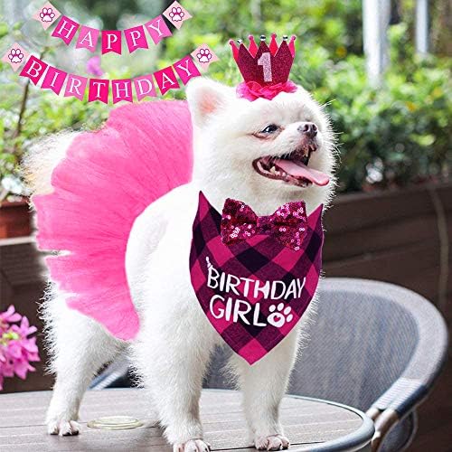 Roupa de aniversário de cachorro stmk garota, aniversário de aniversário bandana menina tutu scurt annister número de coroa chapéu