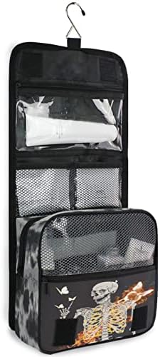 Esqueleto de crânio de saco de higiene pessoal pendurado com sacola de maquiagem de borboleta de chama para produtos de higiene pessoal portátil de higiene highplies com higiene saco de cosméticos com gancho de suspensão