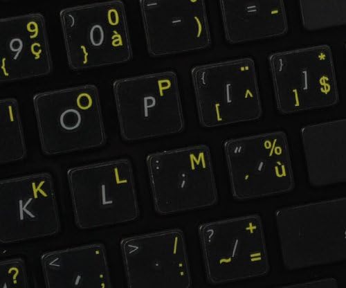 Etiquetas do teclado belga francês em fundo transparente com letras amarelas