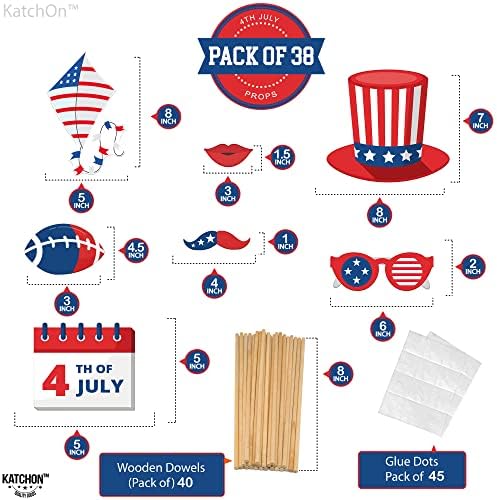 4 de julho Photo Booth adereços - 38 peças | 4 de julho Confetti - pacote de 15g | Dia da Independência Americana 4 de julho Decorações