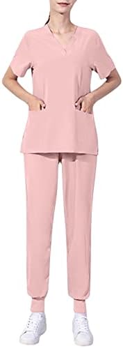Likthiona feminina de cor sólida feminina trajes de trabalho V camiseta de manga curta com bolso Slim Long Set