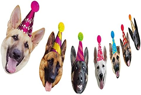 Garland de aniversário de pastor alemão, bandeira de aniversário do rosto engraçado de cachorro, decoração de estamenha