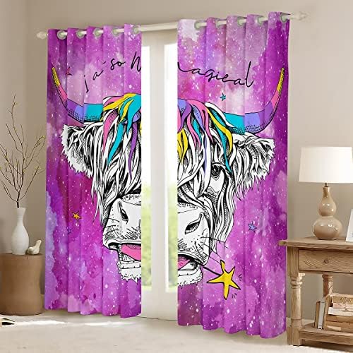 Cortinas de janela de gado nas montanhas, cortinas de céu estrelado por meninas, garotos meninos kawaii vaca térmica pipa de janela de janela fofa para animais de arco -íris de decoração rosa roxo roxo, 52 wx84 l