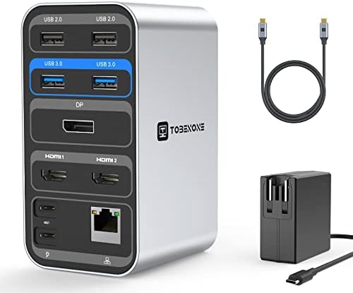 Monitor duplo de ancoragem USB C Power C, Tobenone Laptop Docking Station com entrega de energia, 2 HDMI, DisplayPort, 7