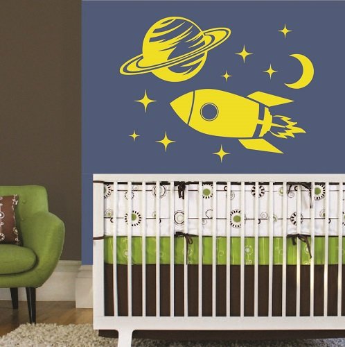 Wall Vinyl Decal de decalque decoração de casa adesiva Art Nursery Boy Kids Rocket e Planet Space Ship Sala Removível Mural elegante