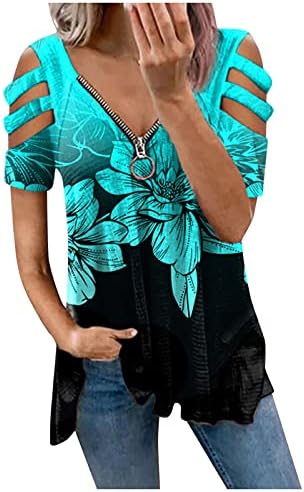 Tops de verão para mulheres fora do ombro meio zip v pescoço plissou camise