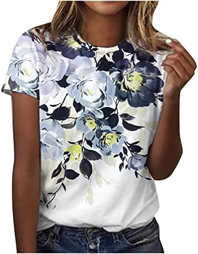 Camisas de manga curta para mulheres, blusa de camiseta floral de tampas redondas do pescoço redondo de pescoço floral
