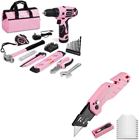 WorkPro 12V Drill sem fio rosa e kit de ferramentas domésticos e faca de utilidade rosa com 10 lâminas extras - fita rosa