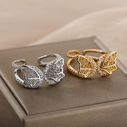 Anéis de borboleta de cristal oyalma para mulheres zirocn borboleta aberta anéis de dedo duplo anéis de cocktail jóias de cocktail