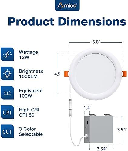 Amico 16 pacote de 6 polegadas 3ccc Ultre-fino LED LUZ DE TECTO RECUTADO COM CAIXA DE JUNÇÃO, 3000K/4000K/5000K SELECILÍVEL,