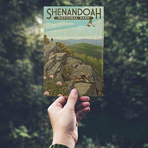 Parque Nacional Shenandoah, Virgínia, caminhantes e signo de parede de madeira de bétula de bétula