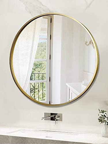 Tiangu Gold Round Mirror Mold Montado, 23,6in Espelhos de círculo grandes para parede, espelho de parede da estrutura de metal do banheiro, espelho grande de vaidade moderna para quarto de sala