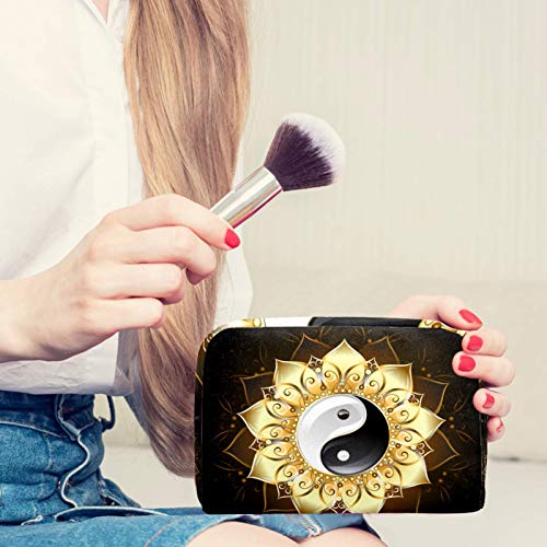 Bolsa de higiene pessoal Bolsa de lavagem organizadora de maquiagem cosmética com zíper yin yang símbolo com lótus dourado