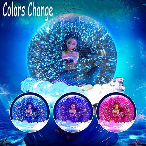 Mermaid Snow Globe com luzes coloridas, conchas, coral, caixa musical toca sintonizado pelo belo mar para decoração