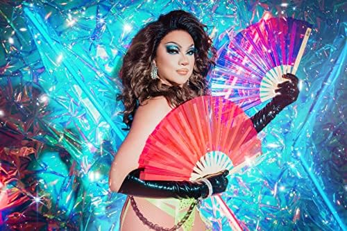 GAME GLAM It Hand Fan Purple Iridescent-Bamboo Rave Hand Fan para mulheres e homens-grande fã dobrável-fã chinês para festivais, raves