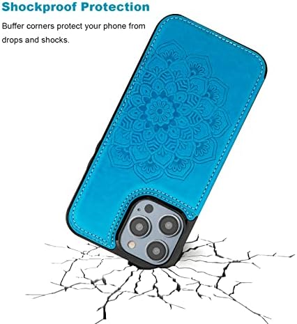 Vaburs compatíveis com o iPhone 14 Pro Max Case carteira com suporte para cartão, Mandala Padrão em relevo Butões duplos de