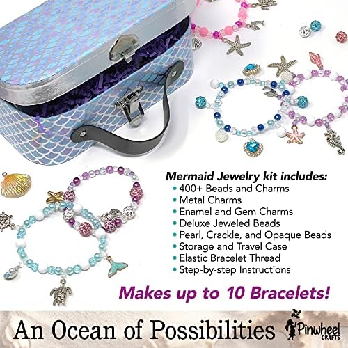Pinwheel Crafts Mermaid Charm Jewelry Kit DIY - Kit de fabricação de pulseiras para crianças, adolescentes - Kit de artesanato