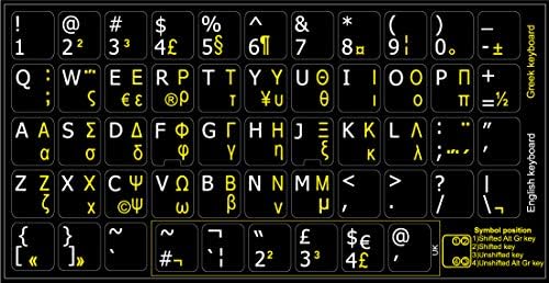 Etiquetas de teclado não transparentes grego-inglês em fundo preto para desktop, laptop e caderno